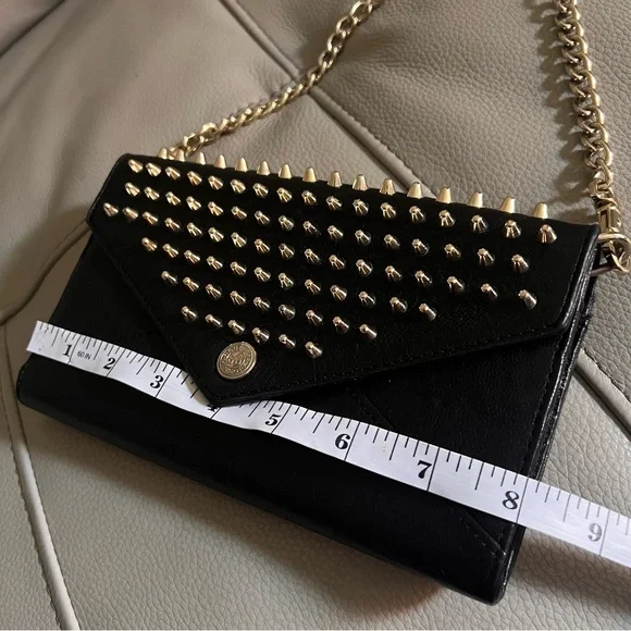 Rebecca Minkoff Crossbody Bag Studded Chain Black Leather Gold Biker Grunge Rock - Picture 11 of 16